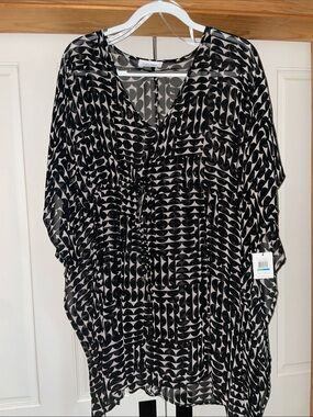 Calvin Klein Black & White Geometric Drawstring V-Neck Tunic NWT Free Size
